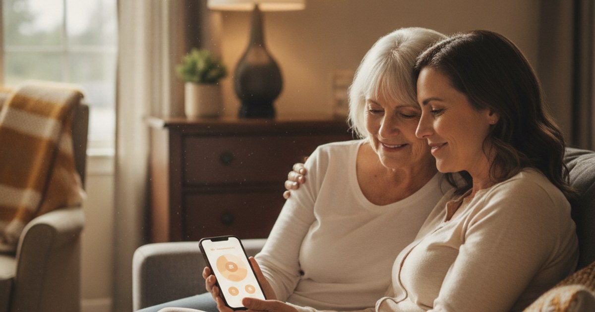Family member and senior resident reviewing a medication reminder app together in an assisted living apartment