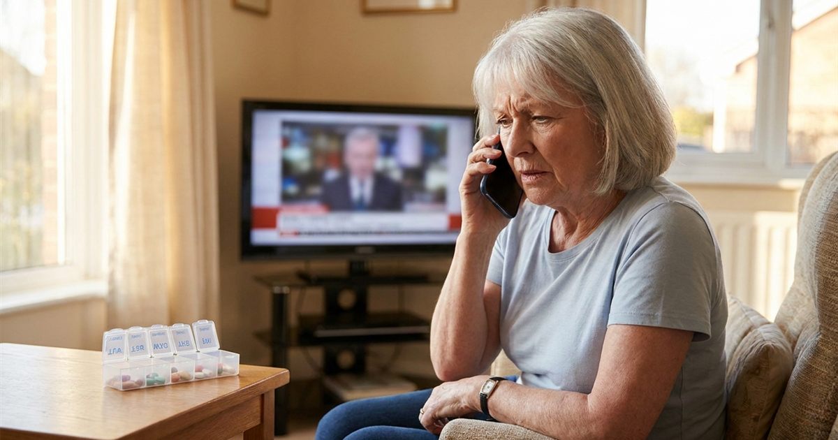 Senior woman testing different alarm tones on her phone in a bright living room while holding a pill organizer