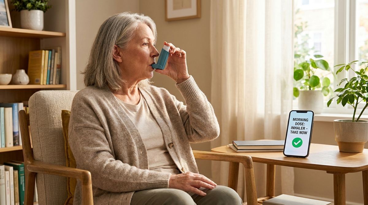 Senior using a medication reminder app to track a maintenance inhaler schedule for COPD