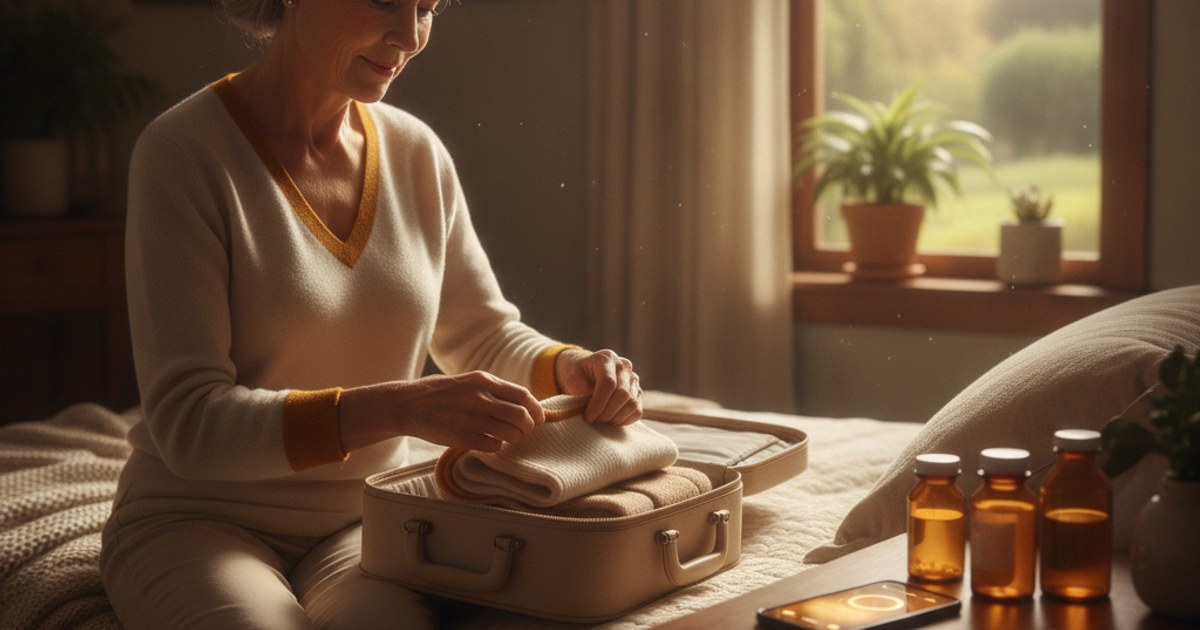 Senior traveler checking a medication reminder app while packing for a trip
