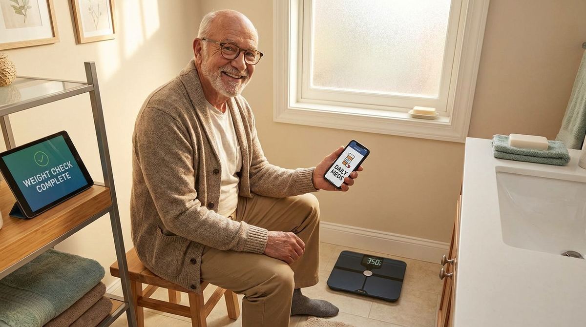 Senior checking a medication reminder app for heart failure medication alongside a daily weight log