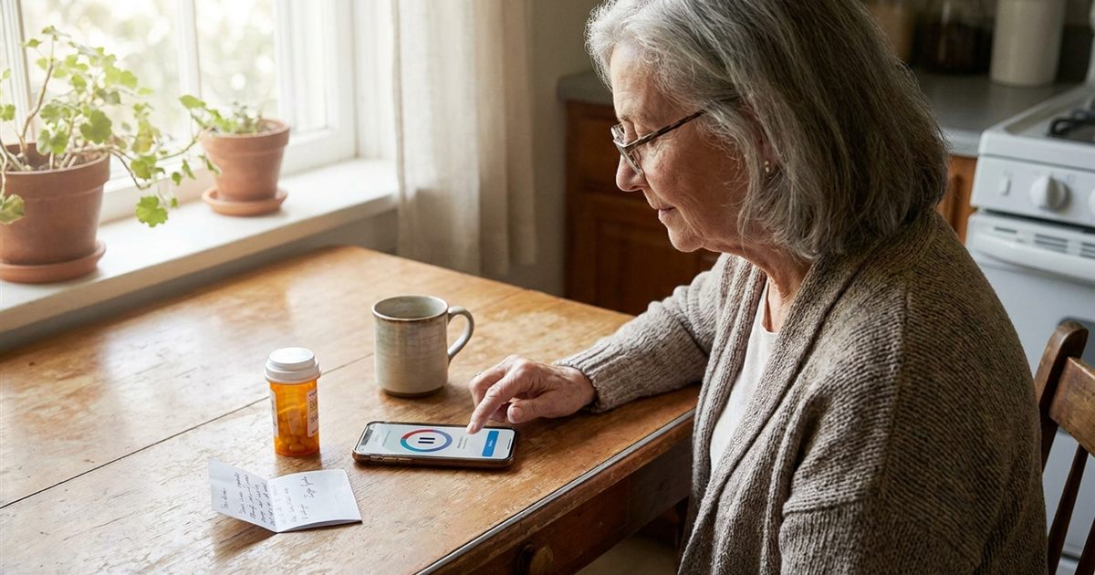 Senior woman at a kitchen table pausing a medication reminder on her phone while a pill bottle and a doctor's note sit beside her