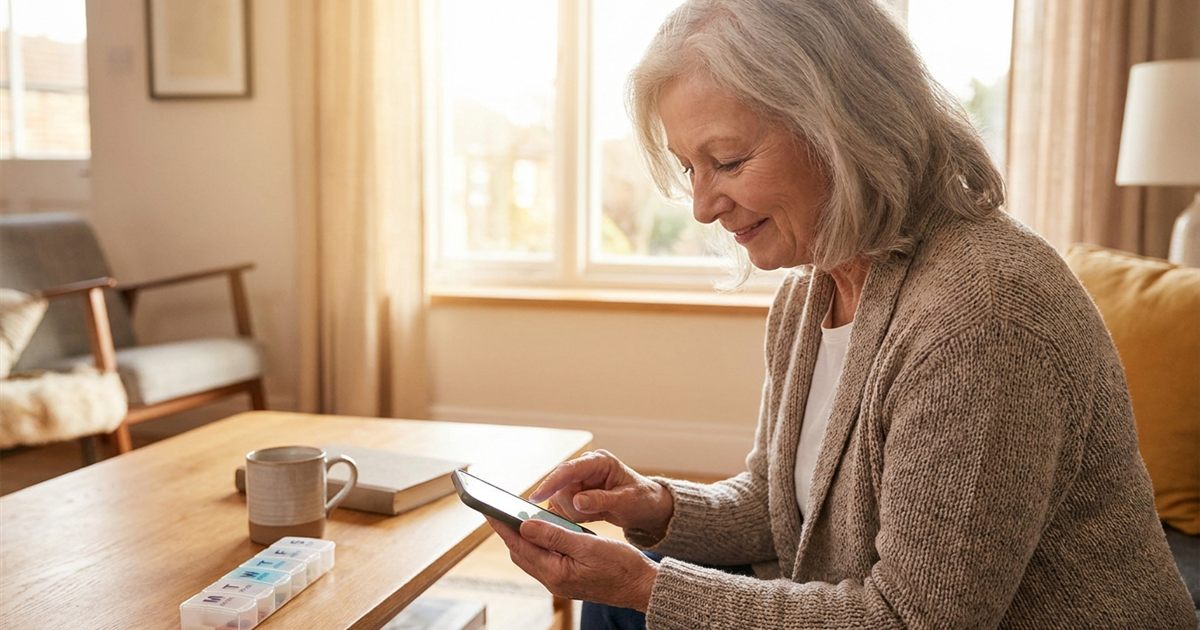 Senior woman unlocking a medication reminder app on her phone with a fingerprint while a pill organizer sits on the table beside her