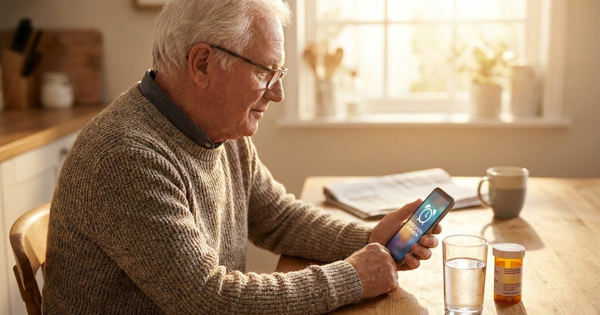 Senior man at a kitchen table choosing a snooze time on a medication reminder on his phone with a glass of water and a pill bottle beside him