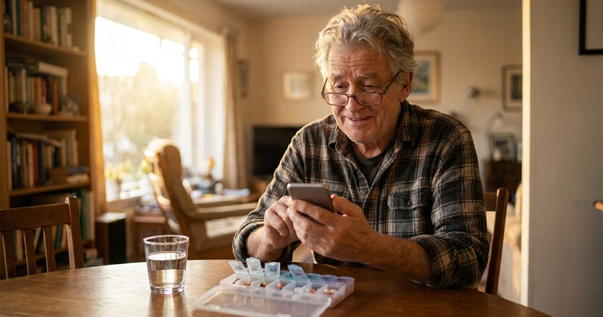 Older man looking at his phone with a puzzled smile after accidentally marking a pill as taken, a pill organizer open on the table