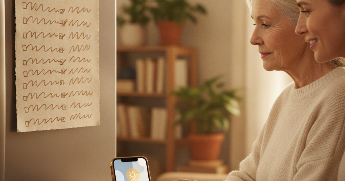Paper medication chart on a fridge next to a phone showing a medication reminder app