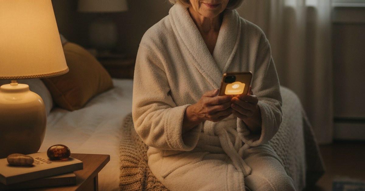 Senior adult checking a gentle nighttime medication alarm on a phone at the bedside