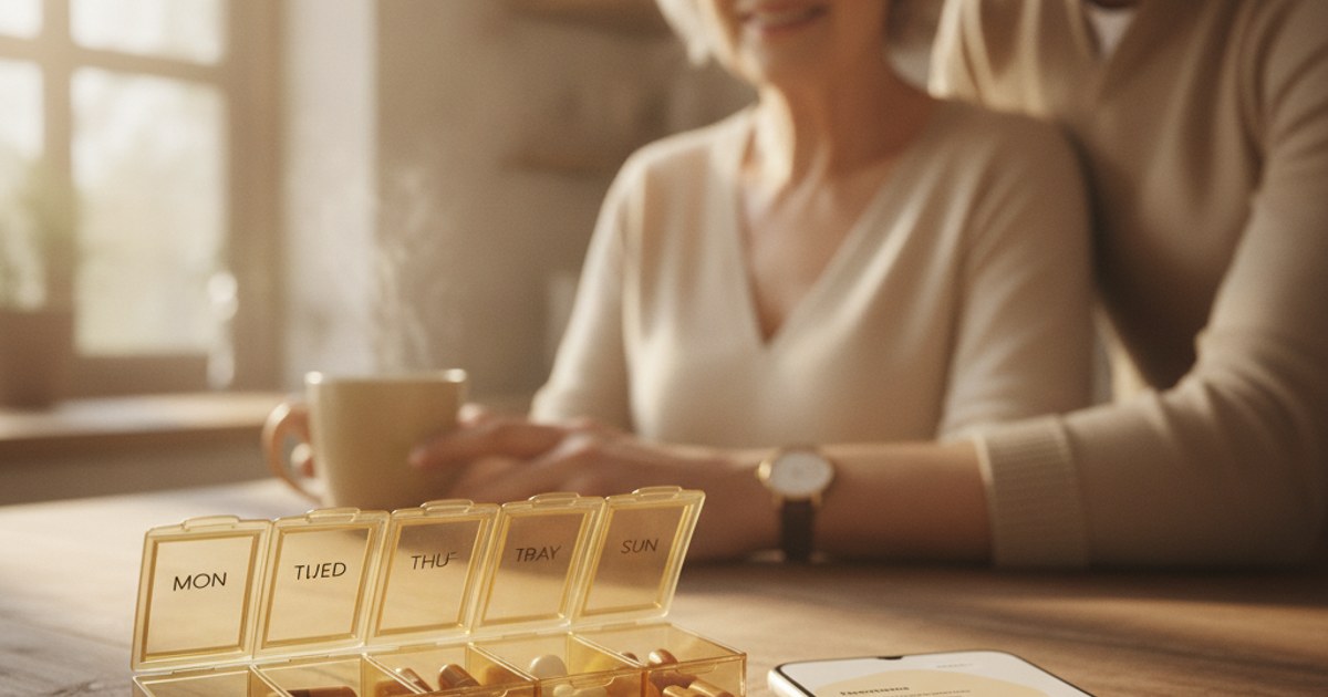 Weekly pill organizer next to a phone showing a pill reminder app