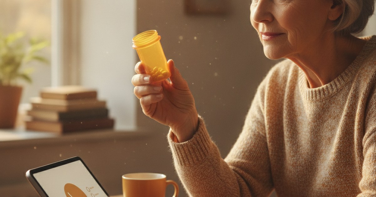 Senior checking a nearly empty pill bottle beside a phone showing a refill reminder